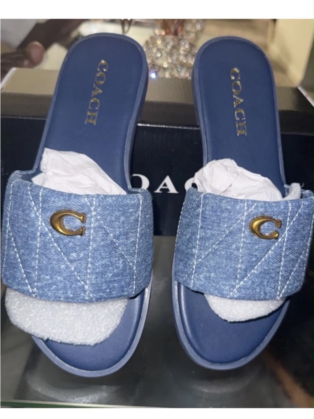 COACH Quilted Denim Slide Mules with Gold 'C' Accent - Blue